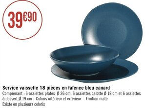 Géant Casino Service vaisselle 18 pièces en faïence bleu canard offre