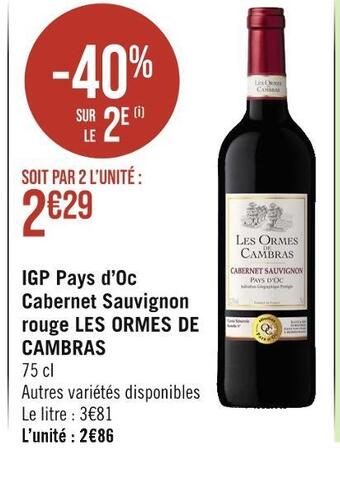 Les ormes de cambras igp pays d’oc cabernet sauvignon rouge