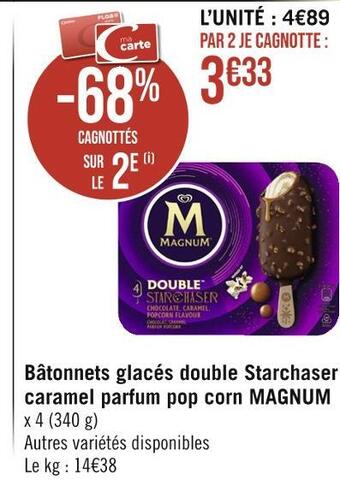 Casino Supermarchés Magnum bâtonnets glacés double starchaser caramel parfum pop corn offre