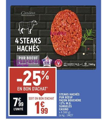 Petit Casino Casino steaks hachés pur bœuf façon bouchère 12% m.g. surgelés offre