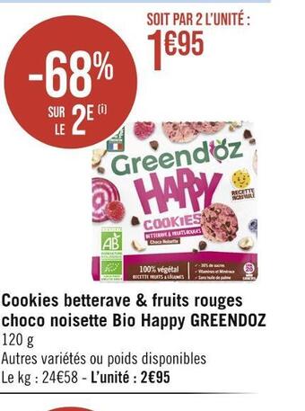 Casino Hyperfrais Greendoz cookies betterave & fruits rouges choco noisette bio happy offre