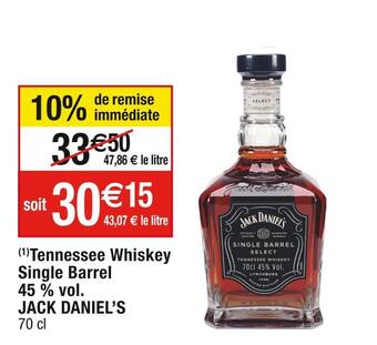 Cora x Carrefour Jack daniel’s tennessee whiskey single barrel 45 % vol offre