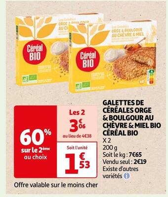 Auchan Supermarché Céréal bio galettes de céréales orge & boulgour au chèvre & miel bio offre