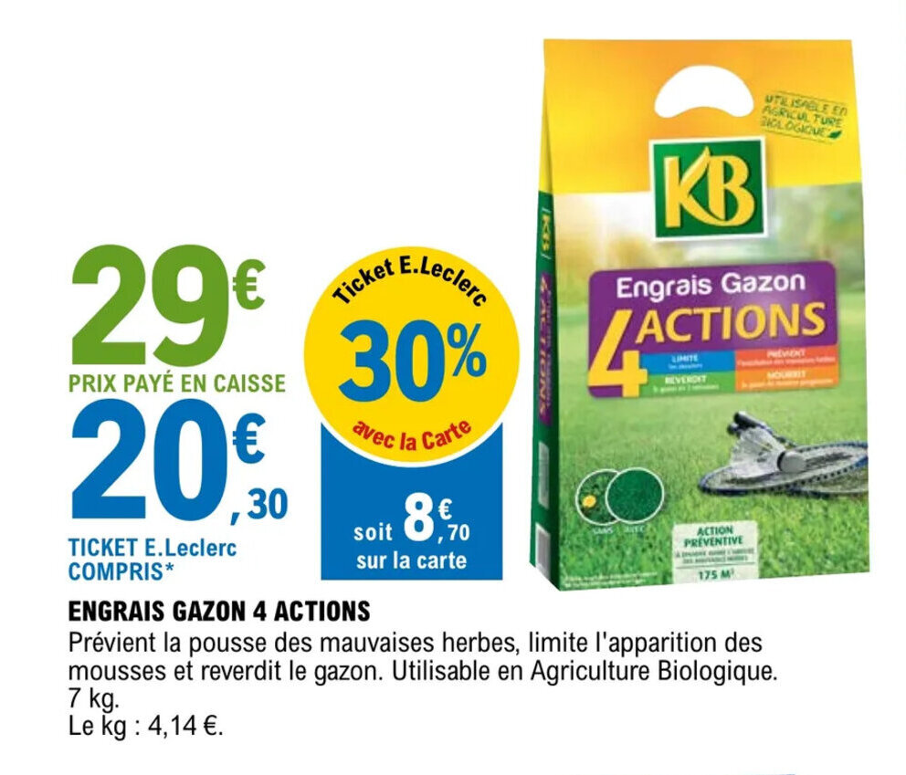 Promo ENGRAIS GAZON 4 ACTIONS chez E.Leclerc Jardi