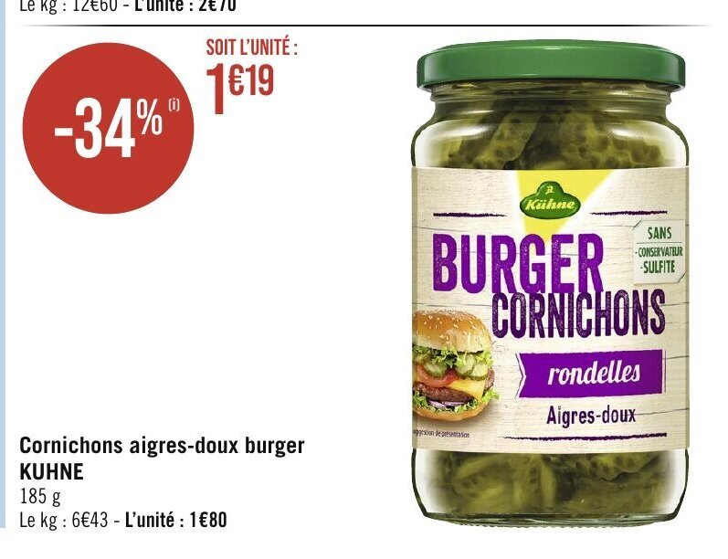 Promo Cornichons aigresdoux burger KUHNE chez Géant Casino