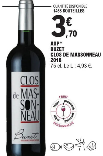 E.Leclerc AOP* BUZET CLOS DE MASSONNEAU 2018 offre