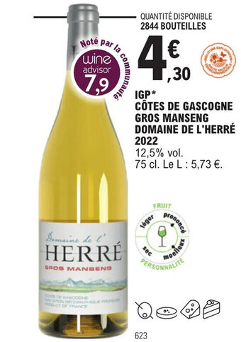 E.Leclerc IGP* CÔTES DE GASCOGNE GROS MANSENG DOMAINE DE L'HERRÉ 2022 offre