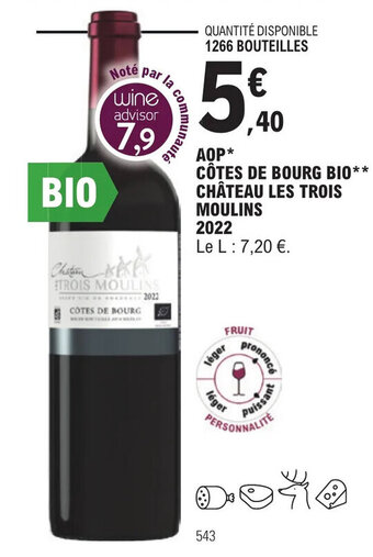 E.Leclerc AOP* CÔTES DE BOURG BIO** CHÂTEAU LES TROIS MOULINS 2022 offre