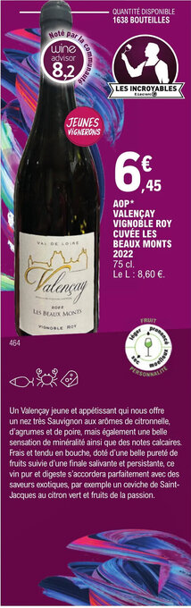 E.Leclerc AOP* VALENÇAY VIGNOBLE ROY CUVÉE LES BEAUX MONTS 2022 offre