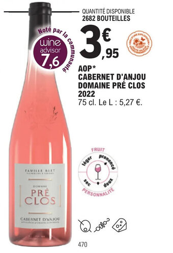 E.Leclerc AOP* CABERNET D'ANJOU DOMAINE PRÉ CLOS 2022 offre