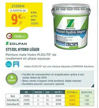 Zolpan Styzol Hydro Léger Zopan offre