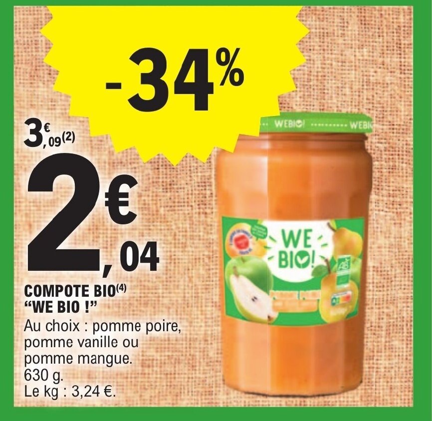 Promo COMPOTE BIO (4) "WE BIO !" chez E.Leclerc