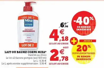 Super U Lait Ou Eaume Corps Mixa offre