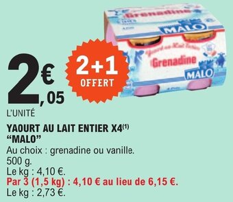 E.Leclerc YAOURT AU LAIT ENTIER X4(¹) "MALO" offre
