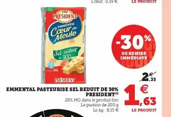 Super U Emmental Pasteurise Sel Reduit De 30% offre