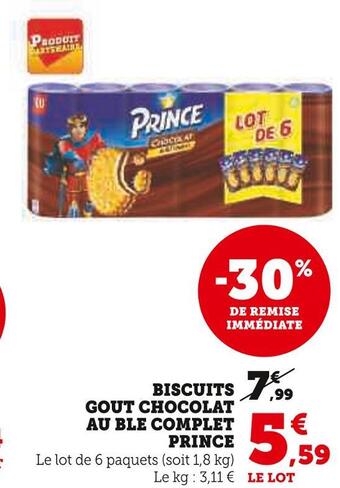 Super U Prince biscuits gout chocolat au ble complet offre