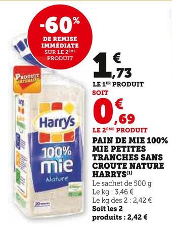 Super U Harrys pain de mie 100% mie petites tranches sans croute nature offre