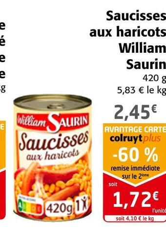 Colruyt William saurin saucisses aux haricots offre