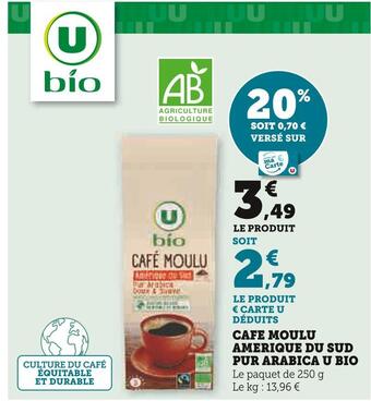 Super U U bio cafe moulu amerique du sud pur arabica offre