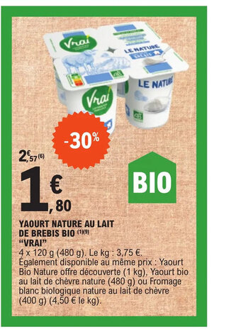 E.Leclerc YAOURT NATURE AU LAIT DE BREBIS BIO offre