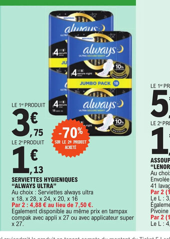 E.Leclerc SERVIETTES HYGIENIQUES ALWAYS ULTRA offre