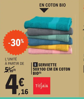 E.Leclerc 5 SERVIETTE 50X100 CM EN COTON offre