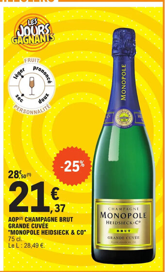 E.Leclerc AOP (2) CHAMPAGNE BRUT GRANDE CUVÉE "MONOPOLE HEIDSIECK & CO" 75 cl. offre