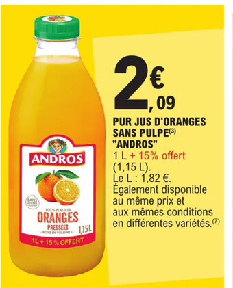 E.Leclerc PUR JUS D'ORANGES SANS PULPE(3) "ANDROS" offre