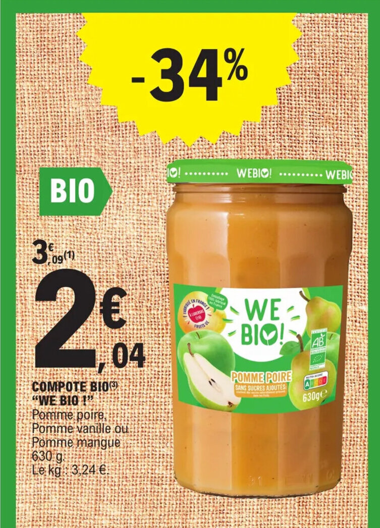 Promo COMPOTE BIO "WE BIO !" chez E.Leclerc