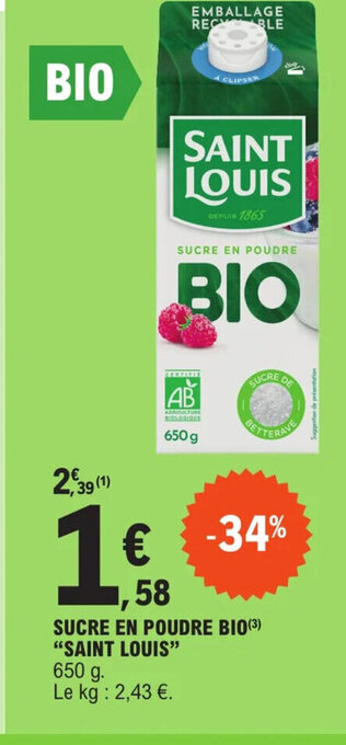 E.Leclerc SUCRE EN POUDRE BIO(³3) "SAINT LOUIS" offre