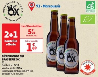 Auchan BIÈRE BLONDE BIO BRASSERIE OX 33 cl offre