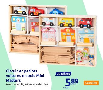 Action Circuit et petites voitures en bois Mini Matters offre
