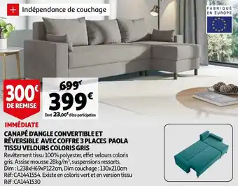 Auchan CANAPÉ D'ANGLE CONVERTIBLE ET RÉVERSIBLE AVEC COFFRE 3 PLACES PAOLA TISSU VELOURS COLORIS GRIS offre