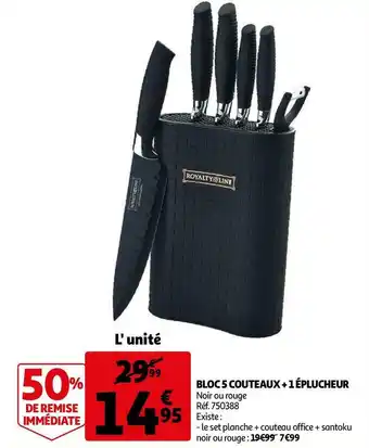 Auchan BLOC 5 COUTEAUX + 1 ÉPLUCHEUR offre