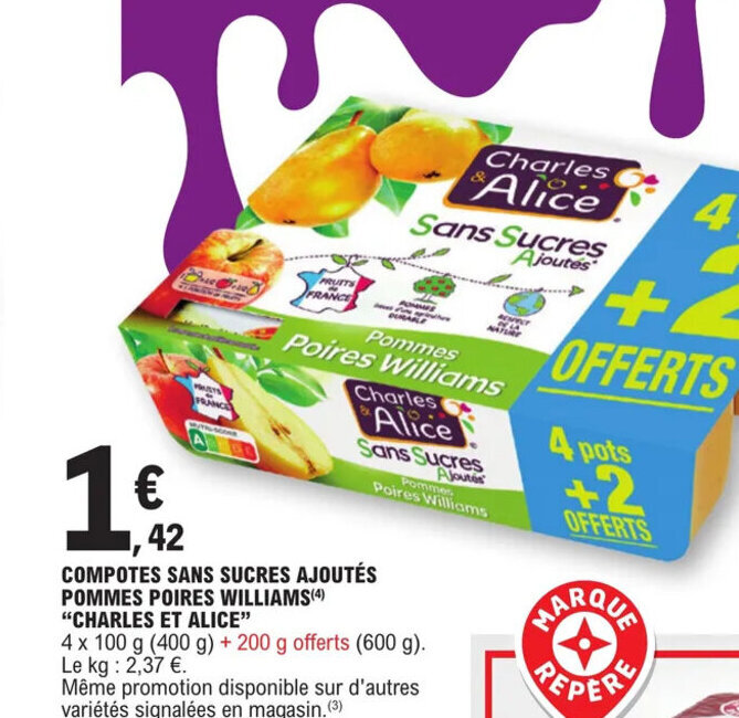 Promo COMPOTES SANS SUCRES AJOUTÉS POMMES POIRES WILLIAMS(4) "CHARLES