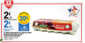 E.Leclerc 12 CEUFS FRAIS DATÉS DU JOUR DE PONTE DE POULES ÉLEVÉES AU SOL(¹) offre