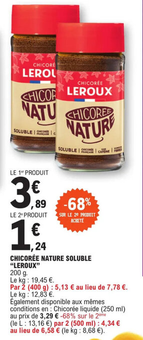 E.Leclerc CHICORÉE NATURE SOLUBLE "LEROUX" offre