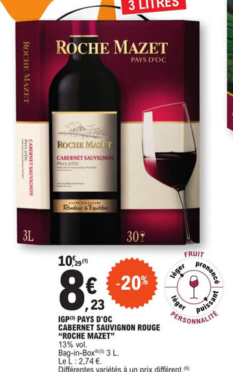 E.Leclerc IGP (3) PAYS D'OC CABERNET SAUVIGNON ROUGE "ROCHE MAZET" offre