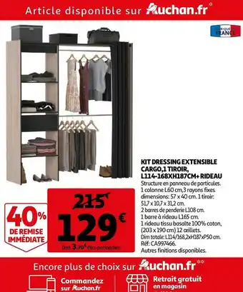 Auchan IT DRESSING EXTENSIBLE CARGO,1 TIROIR, L114-168XH187CM+ RIDEAU offre