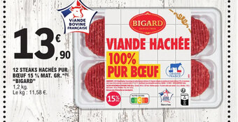 E.Leclerc 12 STEAKS HACHÉS PUR BOEUF 15% MAT. GR.BIGARD offre