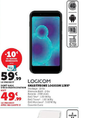 Hyper U SMARTPHONE LOGICOM LINK offre