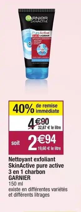Migros Nettoyant Exfoliant SkinActive Pure Active 3 en 1 Charbon GARNIER offre