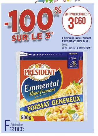 Casino Supermarchés Président emmental râpé fondant 28% m.g offre