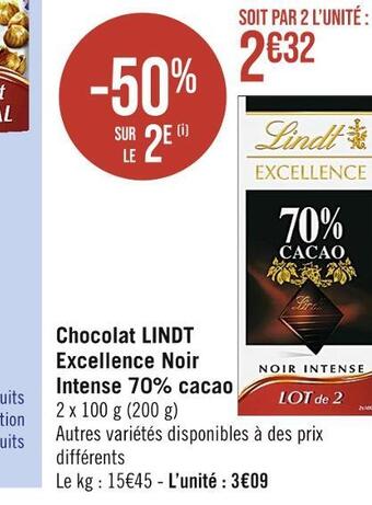 Casino Supermarchés Lindt chocolat excellence noir intense 70% cacao offre
