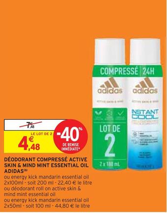 Intermarché Adidas déodorant compressé active skin & mind mint essential oil offre