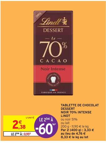Intermarché Lindt tablette de chocolat dessert noir 70% intense offre