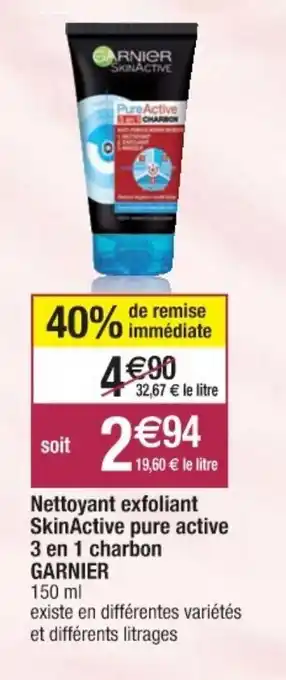 Cora x Carrefour Nettoyant exfoliant skinactive pure active 3 en charbon garnier offre
