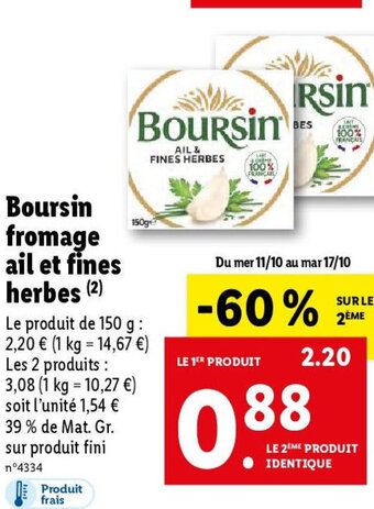 Lidl Boursin fromage ail et fines herbes offre