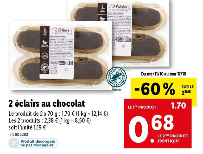 Promo 2 éclairs au chocolat chez Lidl