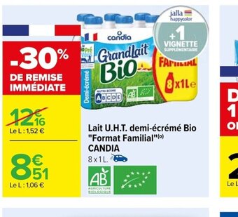 Carrefour Lait U.H.T. demi-écrémé Bio Format Familial CANDIA offre
